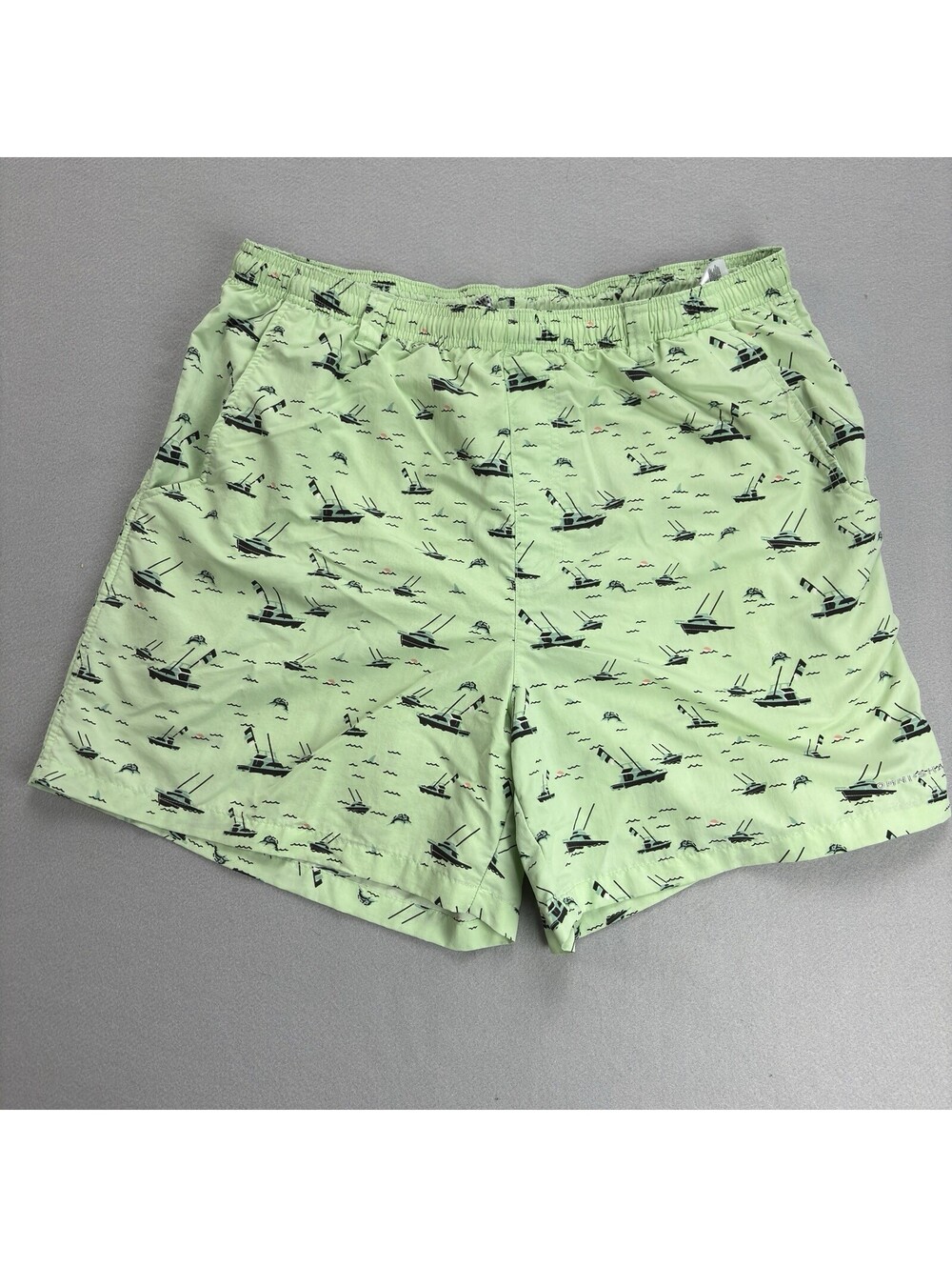 Columbia PFG Swim Trunks Mens Large Green Boat Print Lined Drawstring